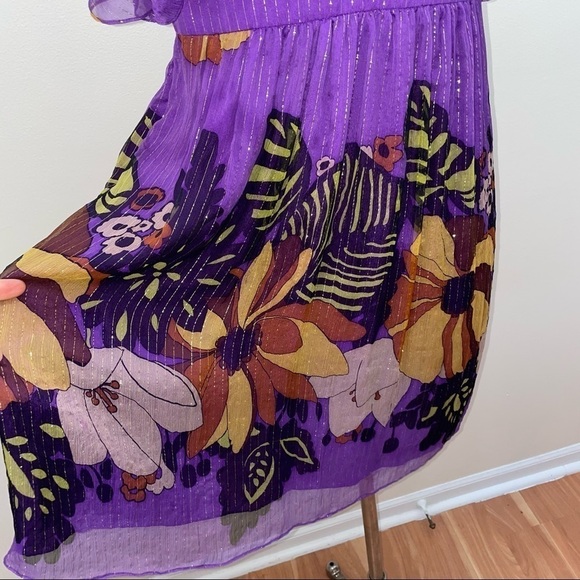TIBI $495 Silk Dress Sz 10 Purple Floral Beads 100% Silk Metallic Empire Waist - Picture 6 of 14